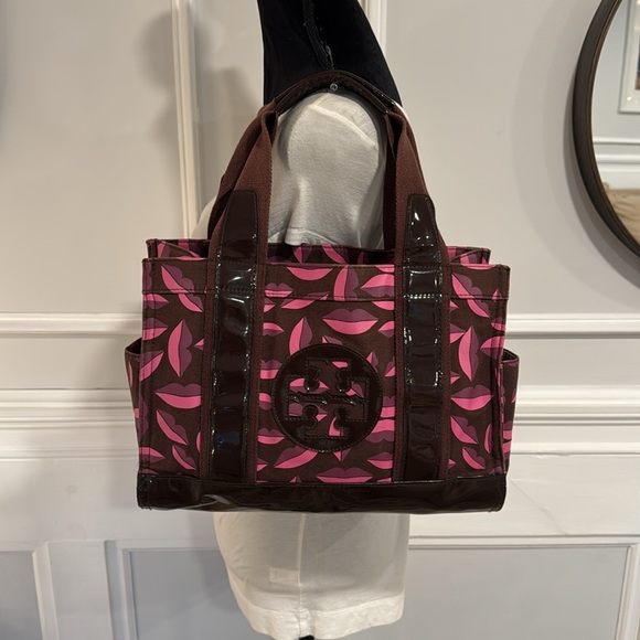 Tory Burch Bag Ella Lips Patent Leather & Canvas Logo Small Tote Bag RARE - Picture 3 of 17